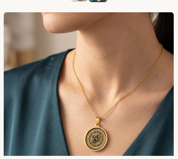 Gold-tone natal chart necklace worn at the collarbone