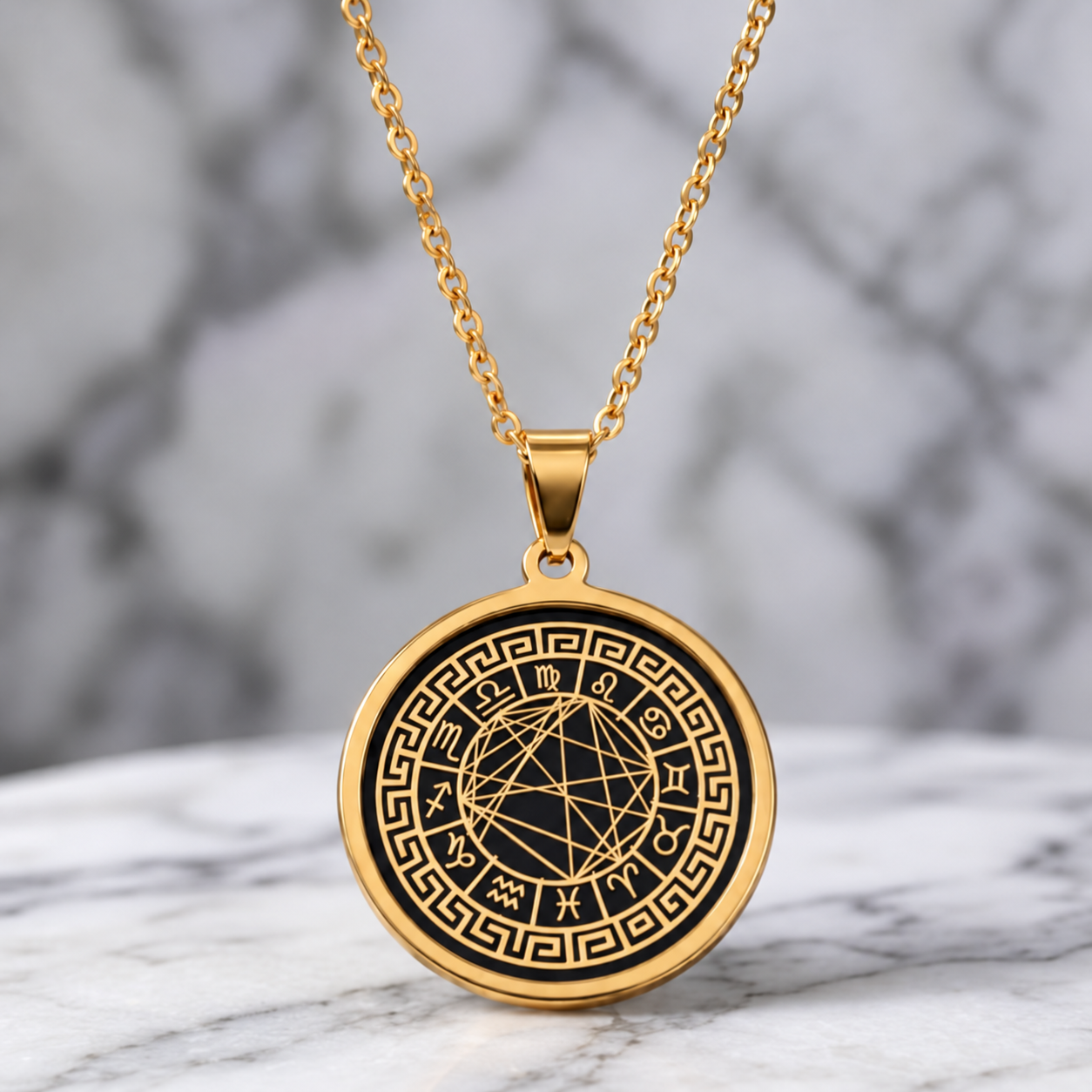 Gold-tone stainless steel natal chart pendant and chain